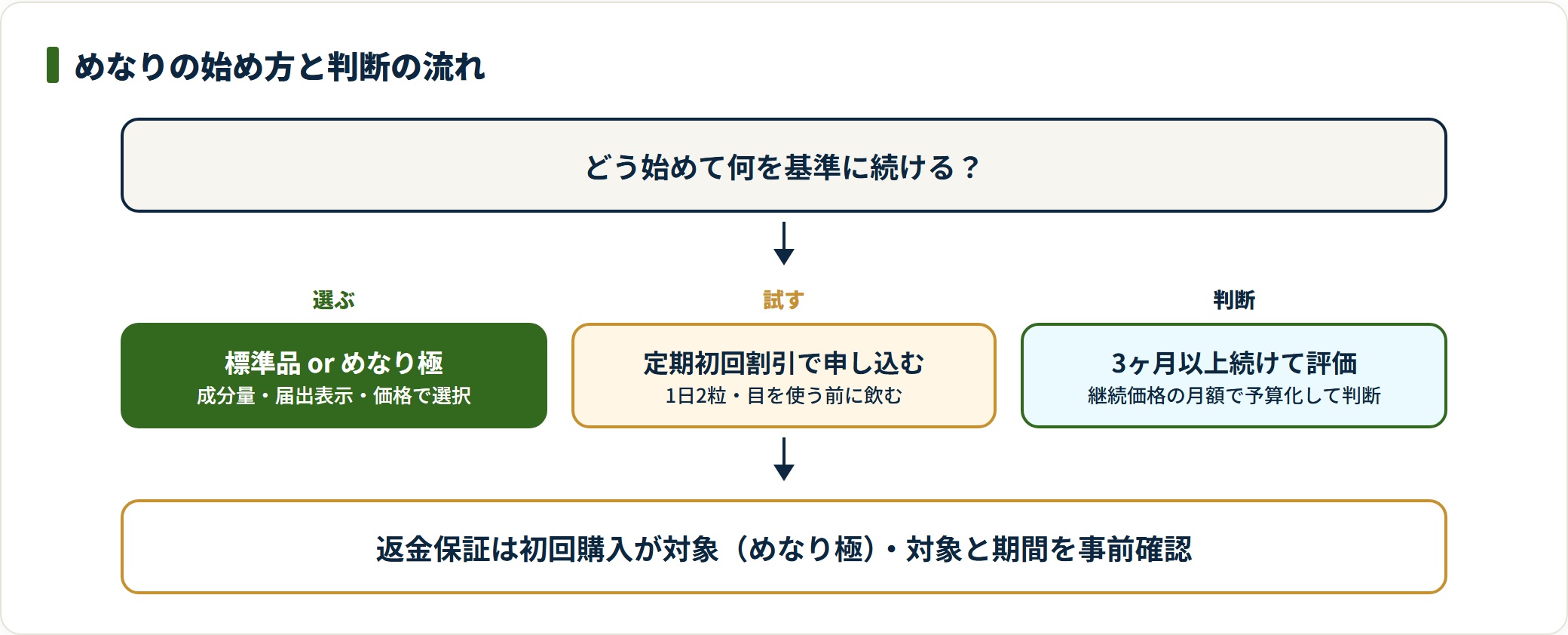 めなりの始め方を、標準品かめなり極を選ぶ・定期初回割引で試す・3ヶ月以上続けて継続価格の月額で判断するという3ステップで示した図