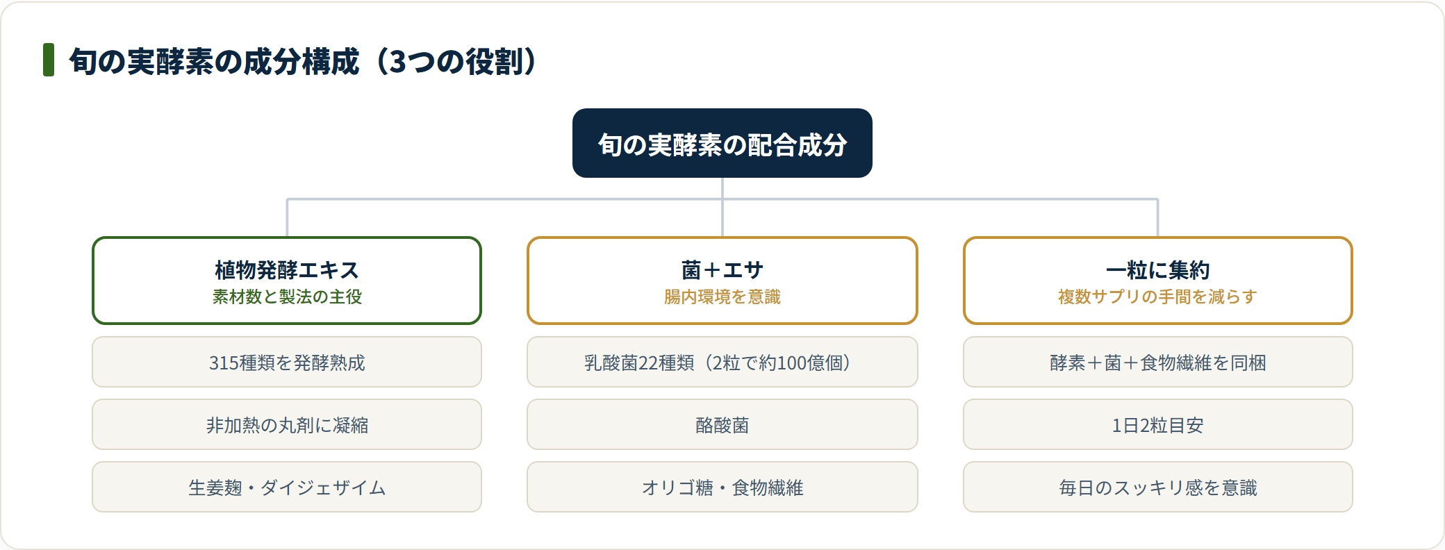 旬の実酵素の配合成分を、植物発酵エキス315種類・乳酸菌や酪酸菌と食物繊維・酵素と菌を一粒に集約という3つの役割に分類した図