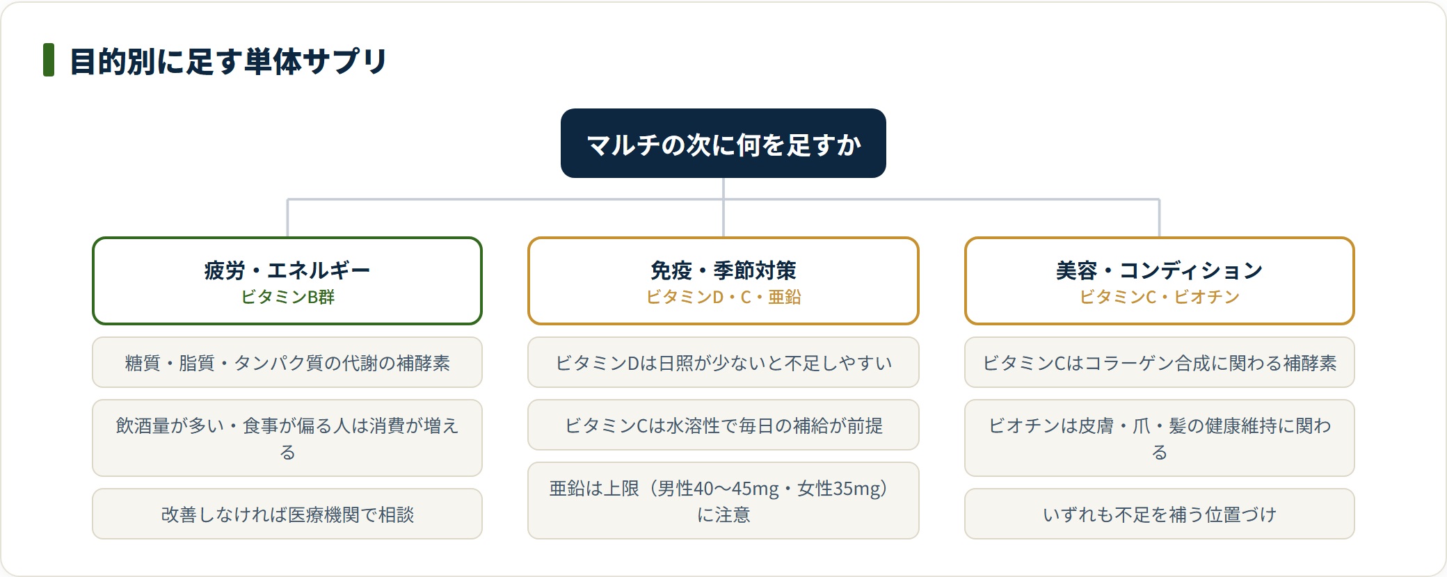 疲労にはビタミンB群、免疫・季節対策にはビタミンD・C・亜鉛、美容にはビタミンCとビオチンが候補になる。