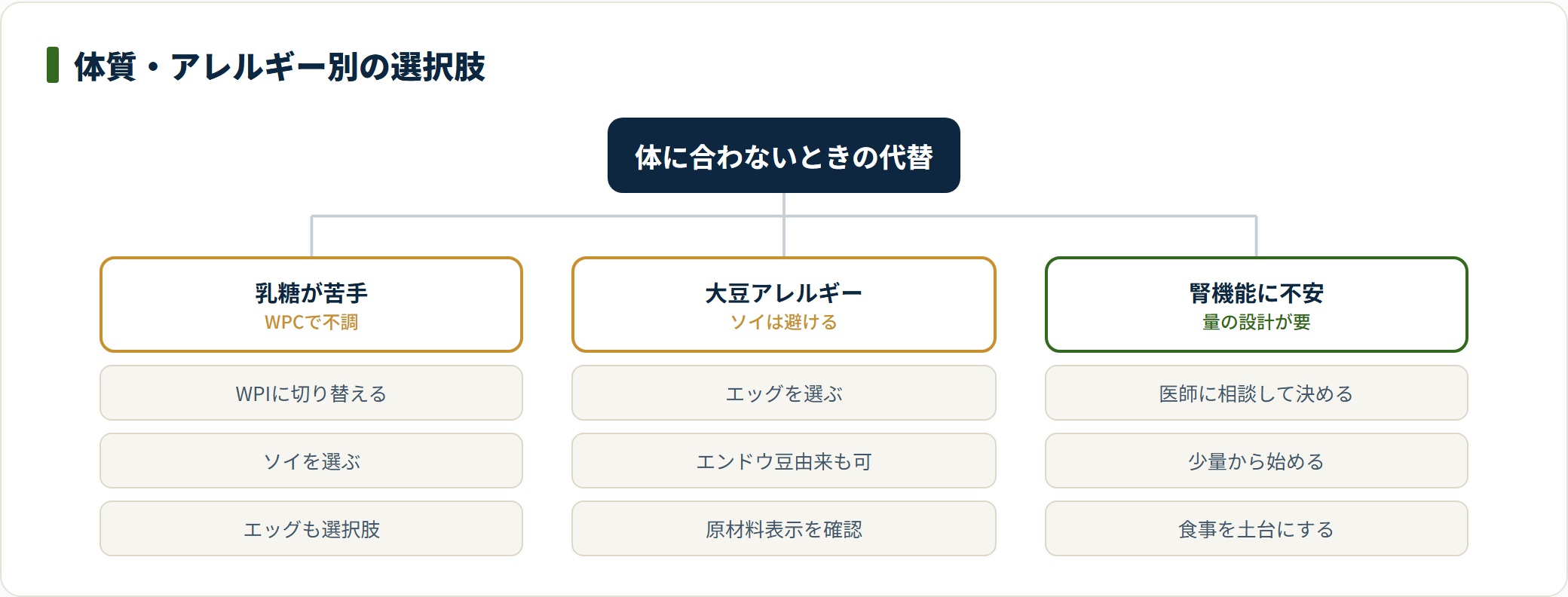 体質やアレルギーに応じたプロテインの選択肢を整理した図。乳糖が苦手ならWPIやソイ、大豆アレルギーならエッグやエンドウ豆由来、腎機能に不安がある場合は医師に相談して量を決める。
